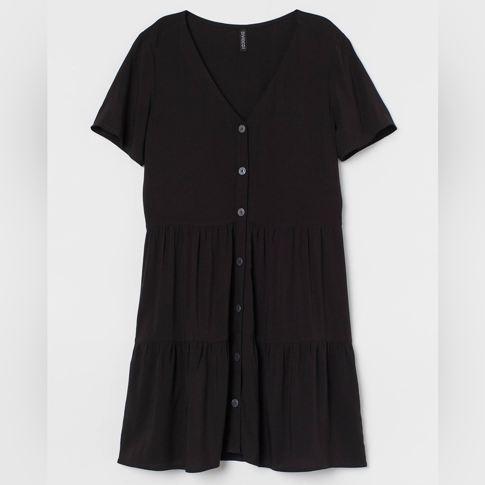 Divided H&M Women's Size Medium V-Neck Dress Black Button Front‎ Short Sleeve